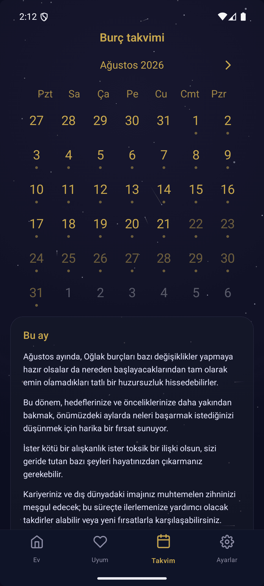 Monthly zodiac calendar for August 2026 with daily indicators and a summary of the month ahead