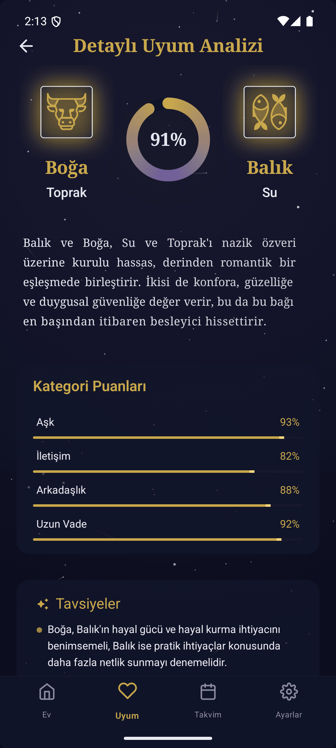 Detailed compatibility analysis between Taurus and Pisces, with a 91% match score and category breakdown