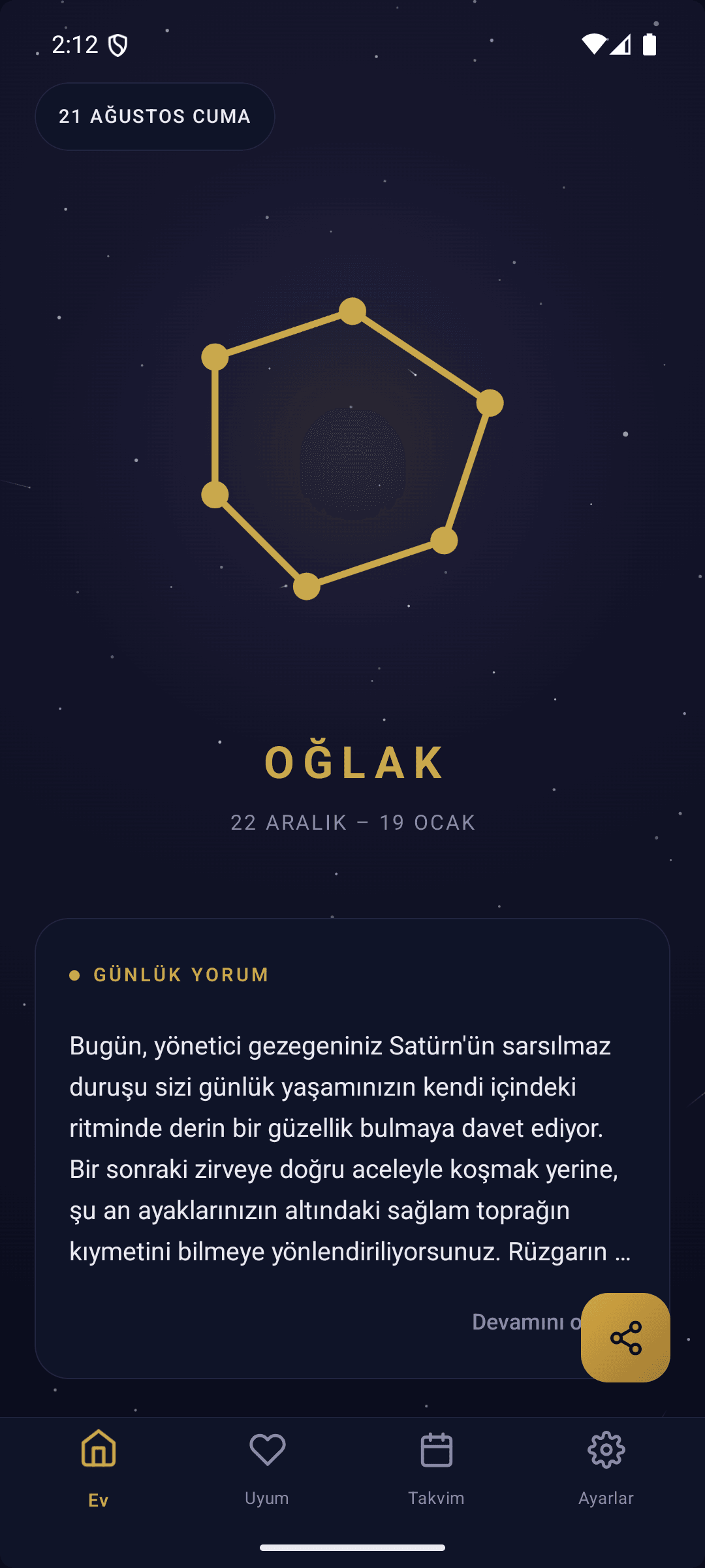Daily horoscope screen for Capricorn, showing the zodiac constellation and the day's reading